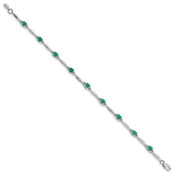 Rhodium Over 10k White Gold Diamond and Emerald Bracelet