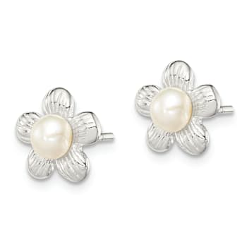 Sterling Silver Polished and Textured Simulated Pearl Flower Post Earrings