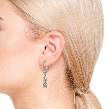 Two-Stone CZ Dangle Huggie Earrings In White Rhodium Over Brass