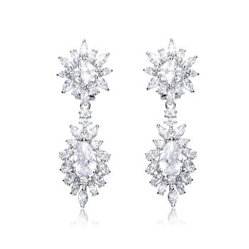 Oval CZ Double Halo Cluster Dangle Earrings In Sterling Silver