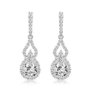 Pear Shape CZ Halo Drop Earrings In Sterling Silver