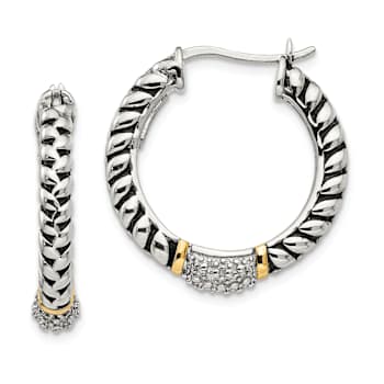 Sterling Silver Antiqued with 14K Accent Diamond Hoop Earrings