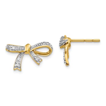 14K Yellow Gold and Rhodium Over 14K Gold Diamond Bow Post Earrings