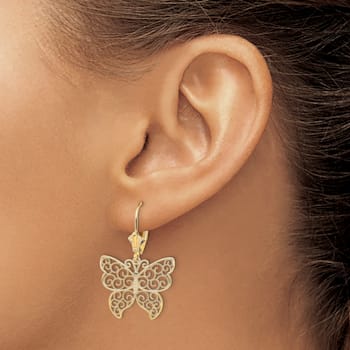 14K Yellow Gold Textured Butterfly with Beaded Filigree Wings Dangle Earrings