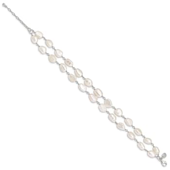Sterling Silver 2-Strand White Baroque Freshwater Cultured Pearl 8.5in Bracelet