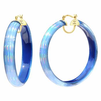 14K Yellow Gold Over Sterling Silver Large Iridescent Acrylic Hoops in Blue