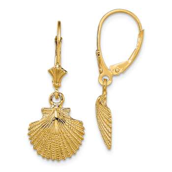 14k Yellow Gold 2D and Textured Scallop Shell Dangle Earrings
