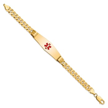14k Yellow Gold Medical Soft Diamond Shape Red Enamel Curb Link ID Bracelet