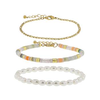 Set Of 3 Stackable Bracelet Set In Gold-Tone With Curb Link, Gemstone
Bead and Simulated Pearl Stretch Bracelets.