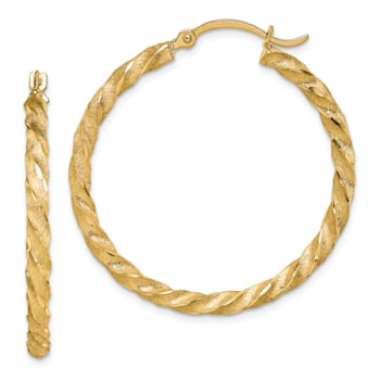 14k Yellow Gold 1 5/16" Twisted Satin and Diamond-Cut Hoop Earrings