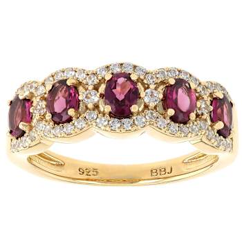 Grape Color Garnet Oval And White Zircon Ring In 18K Gold Over Sterling
Silver 1.15ctw