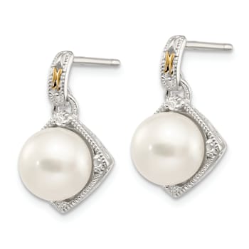Sterling Silver Rhodium-plated with 14K Accent Freshwater Cultured Pearl
and Diamond Post Earrings