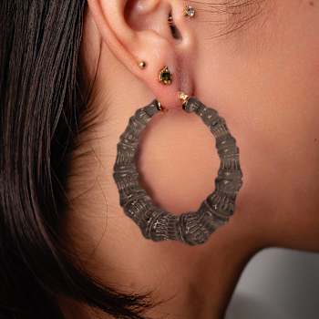 14K Yellow Gold Over Sterling Silver Bamboo Acrylic Hoops in Blackberry