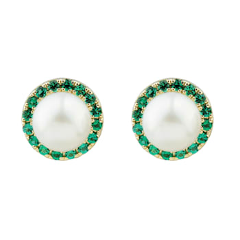 7-7.5mm Round White Freshwater Pearl and Emerald 10K Yellow Gold Halo
Stud Earrings