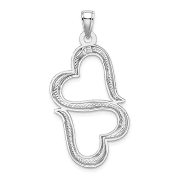 Rhodium Over 14k White Gold 3D Solid Double Hanging Hearts Pendant