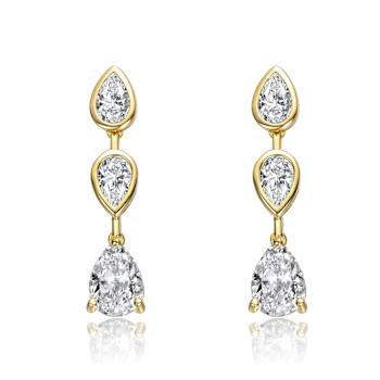 Pear Shape CZ Three-Stone Drop Earrings In 14K Gold Over Sterling Silver