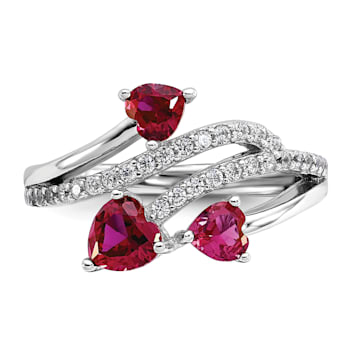 Rhodium Over Sterling Silver Polished Lab Created Ruby and Cubic
Zirconia Hearts Ring