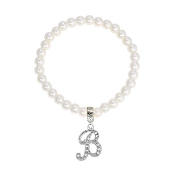White Faux Pearl Bead Initial Charm Stretch Bracelet