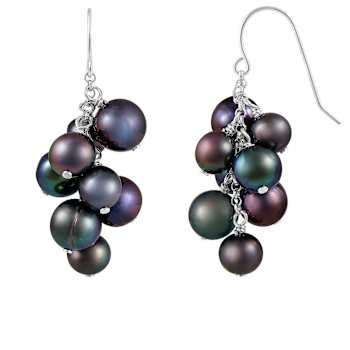 6-10mm Black Cultured Freshwater Pearl Rhodium Over Sterling Silver Earrings
