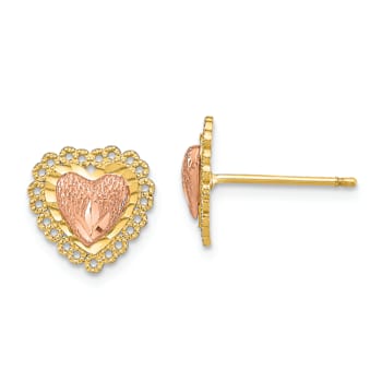 14k Two-tone Diamond-Cut Heart with Lace Trim Stud Earrings