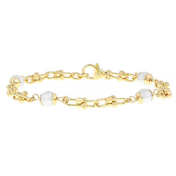 Pearl Simulants And Stirrup Link Bracelet In 18K Gold Over Bronze