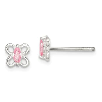 Sterling Silver Polished Pink Cubic Zirconia Butterfly Children's Post Earrings