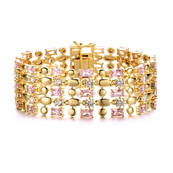 Pink CZ Wide Geometric Mesh Link Bracelet In 14K Gold Over Brass