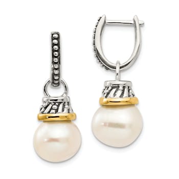 Sterling Silver Antiqued with 14K Accent 10mm Freshwater Cultured Pearl
Dangle Earrings
