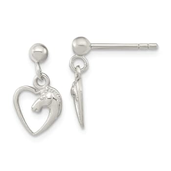 Rhodium Over Sterling Silver Open Heart Horse Head Dangle Earrings