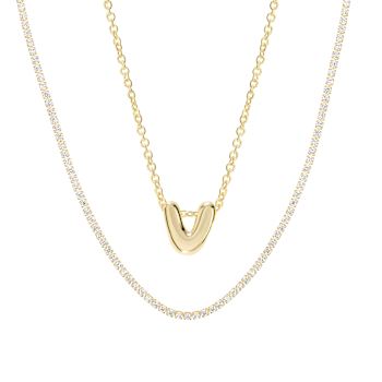 CZ Initial V Tennis Necklace And Pendant Set In 14K Gold Over Brass 4.05ctw