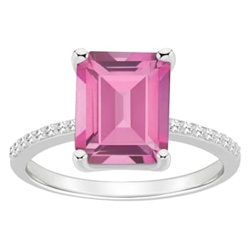 10x8mm Emerald Cut Pink Topaz and 1/10 ctw Diamond Rhodium Over Sterling
Silver Ring