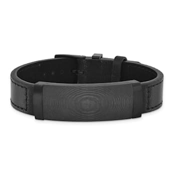 Black Leather and Stainless Steel Black IP-plated Solid Carbon Fiber Bracelet