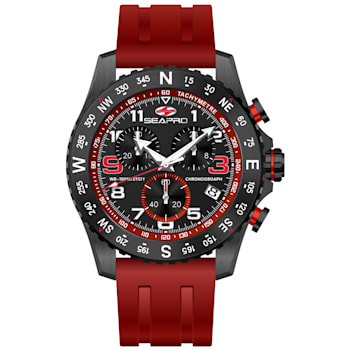 Seapro Men's Gallantry Black Dial, Red Rubber Strap Watch