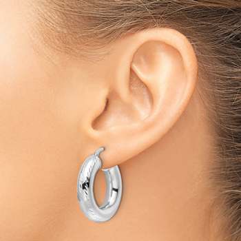 Rhodium Over 14k White Gold 1 1/16" Polished Diamond-Cut Round Hoop Earrings