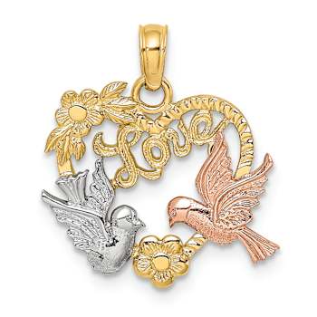 14K Tri-color Gold Textured LOVE with Doves Heart Charm