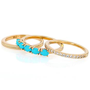 Turquoise And Solid Band Ring Set Of 3 In 18K Gold Over Sterling Silver 0.83ctw