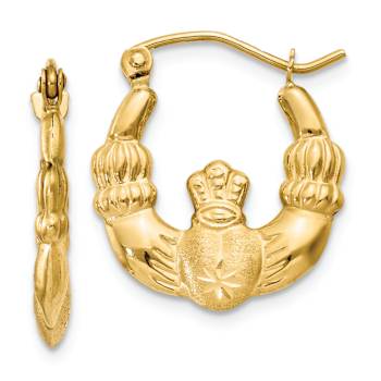 14k Yellow Gold Polished, Satin and Diamond-Cut 3/8" Claddagh Hoop Earrings