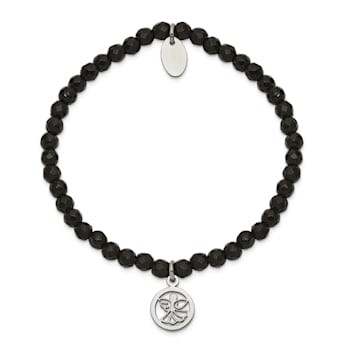 Stainless Steel Polished Angel Black Jade Beaded Stretch Bracelet