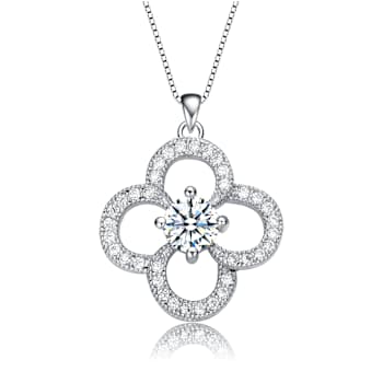 CZ Flower Pendant Necklace In White Rhodium Over Brass
