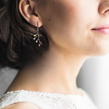 Smoky Quartz Black Rhodium Over Sterling Silver Leaf Earrings