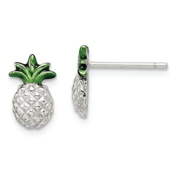 Rhodium Over Sterling Silver Pineapple with Green Enamel Post Earrings