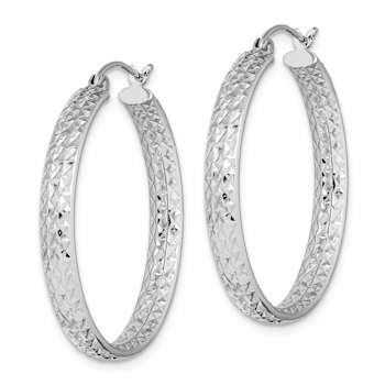 Rhodium Over 14k White Gold Diamond-Cut 1 1/8" In and Out Hoop Earrings