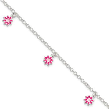 Sterling Silver Pink Enamel Flowers Children's Bracelet