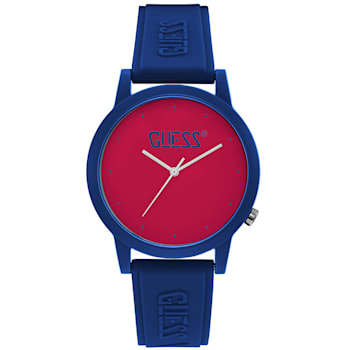 Guess Men's Classic Red Dial Blue Bezel Blue Rubber Strap Watch
