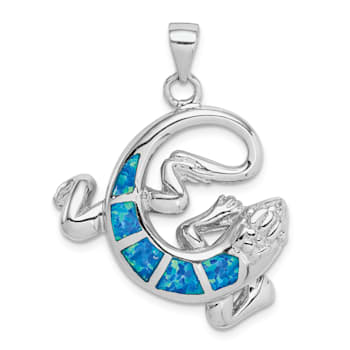 Rhodium Over Sterling Silver Lab Created Blue Opal Gecko Pendant
