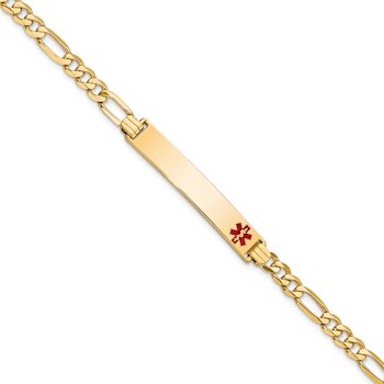 14k Yellow Gold Medical Red Enamel Flat Figaro Link ID Bracelet