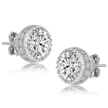 CZ Halo Stud Earrings In Sterling Silver