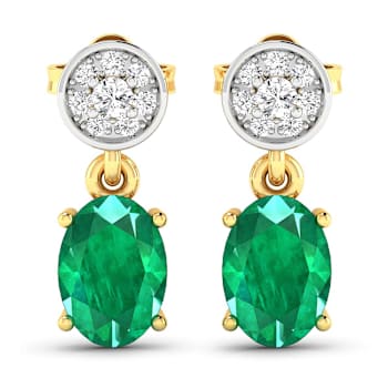 1.12ctw 14K Yellow Gold  Zambian Green Emerald and White Diamond Halo Earrings