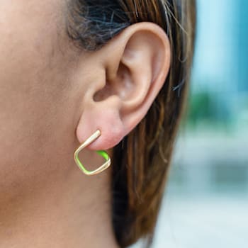 14K Yellow Gold Over Sterling Silver Square Enamel Earrings in Neon Green