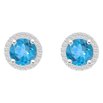 6mm Round Blue Topaz And Created White Sapphire 10k White Gold Halo Stud Earrings